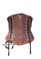 Sexy Brown Real Leather Black Lacing Gothic Steampunk Waist Training Bustier Underbust Plus Size Corset Costume
